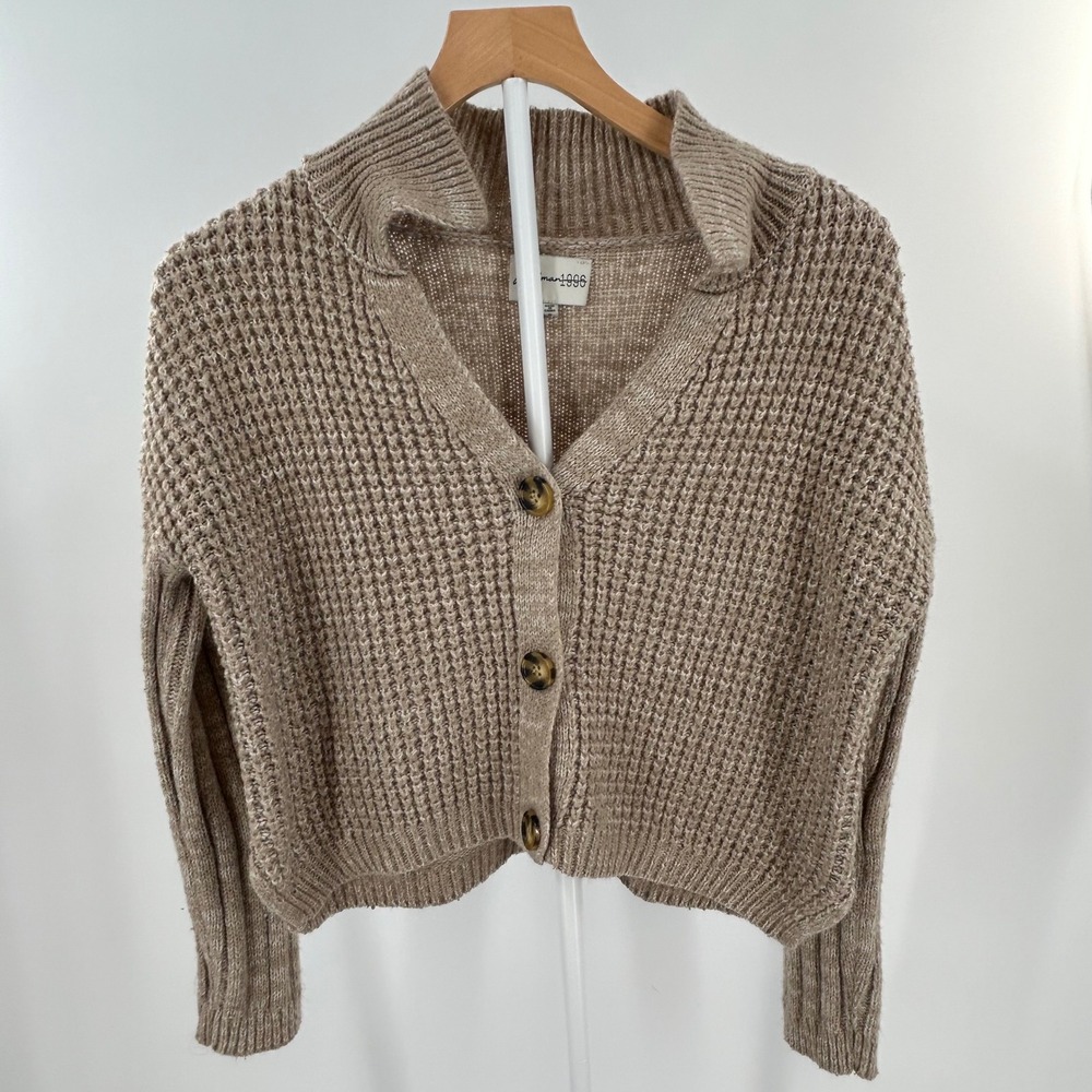 Freshman 1996 Tan Marl Waffle Knit Button Front Cropped Cardigan Sweater Medium
